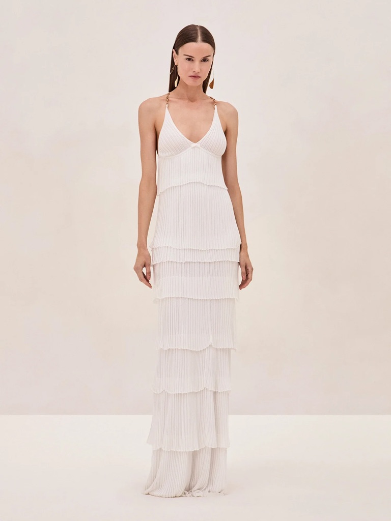 Alexis- Yira-White Tiered Maxi Dress - V-Neck Spaghetti Straps